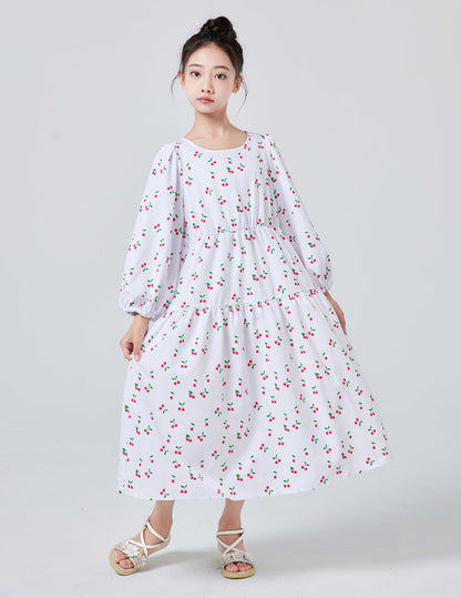 Ramadan Girls Loose & Casual Long Sleeve Allover Cherries Pattern Dress For Spring & Fall Daily Wear Pringbud Abaya Pringbud A MSL196