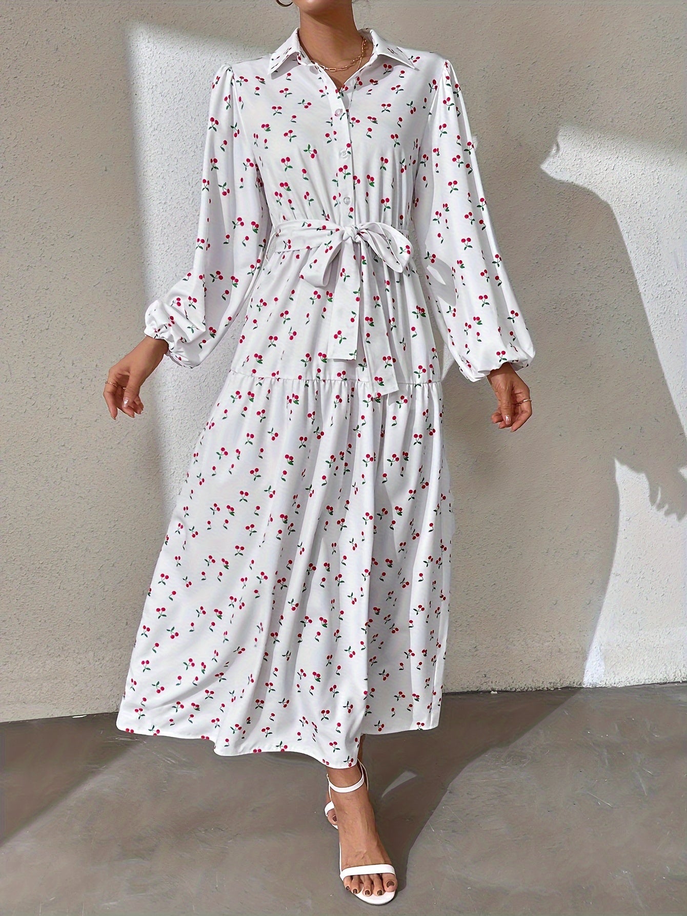 Ramadan Abaya Floral Print Button Front Dress, Casual Lantern Sleeve Dress For Spring & Fall, Women's Clothing Kebaya Kaftan MSL152