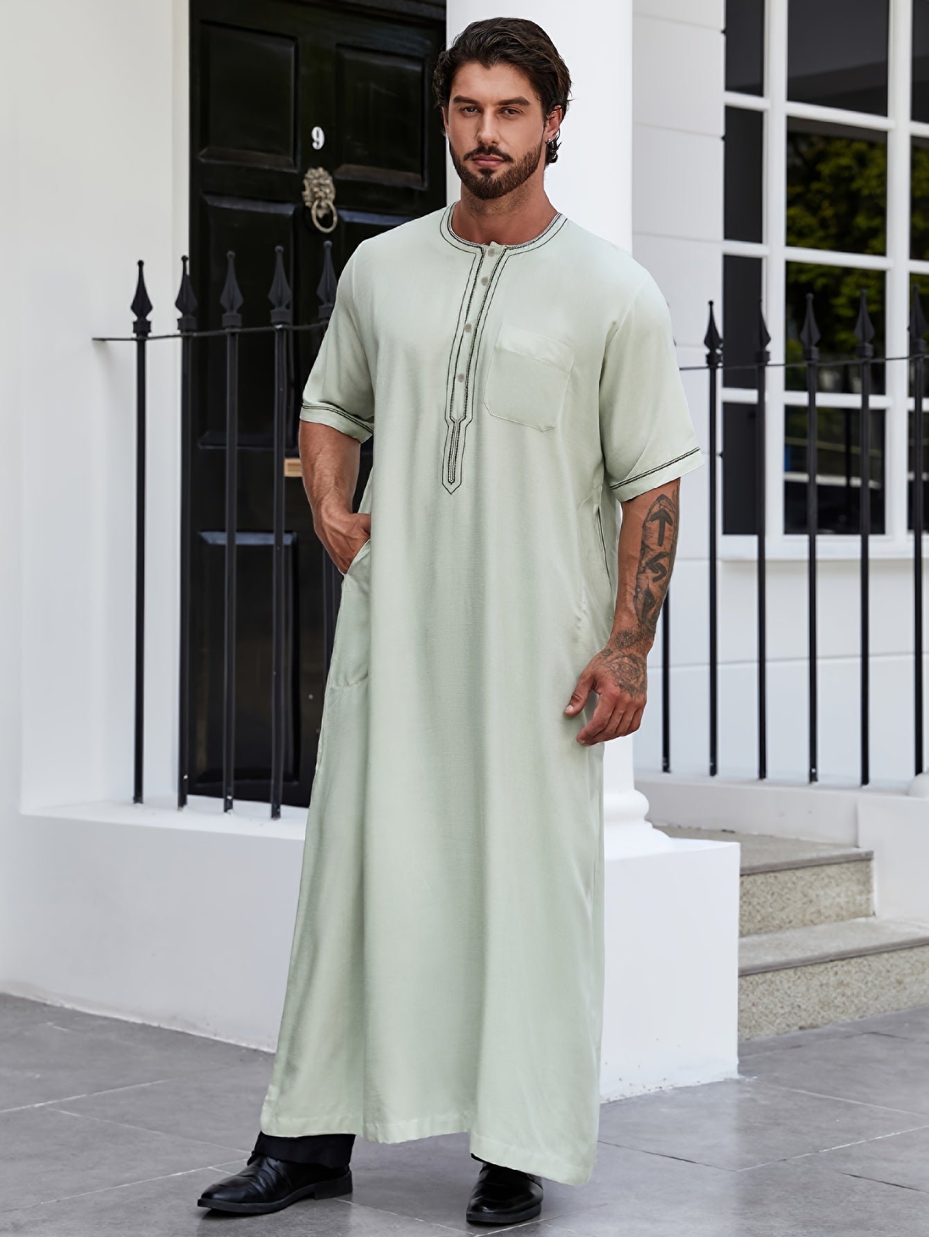 Ramadan Men's Muslim Dresses Long Sleeve Henley Shirts With Pocket Kaftan Islamic Abaya Arabic Long Gown Thobe Robe For Men 170-5