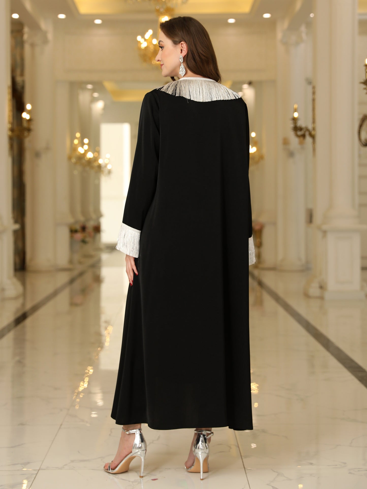 Ramadan Contrast Trim Fringe Hem Abayas, Elegant Long Sleeve Open Front Cover Up Outwear, Abaya Dubai Luxury Women's Clothing MSL104