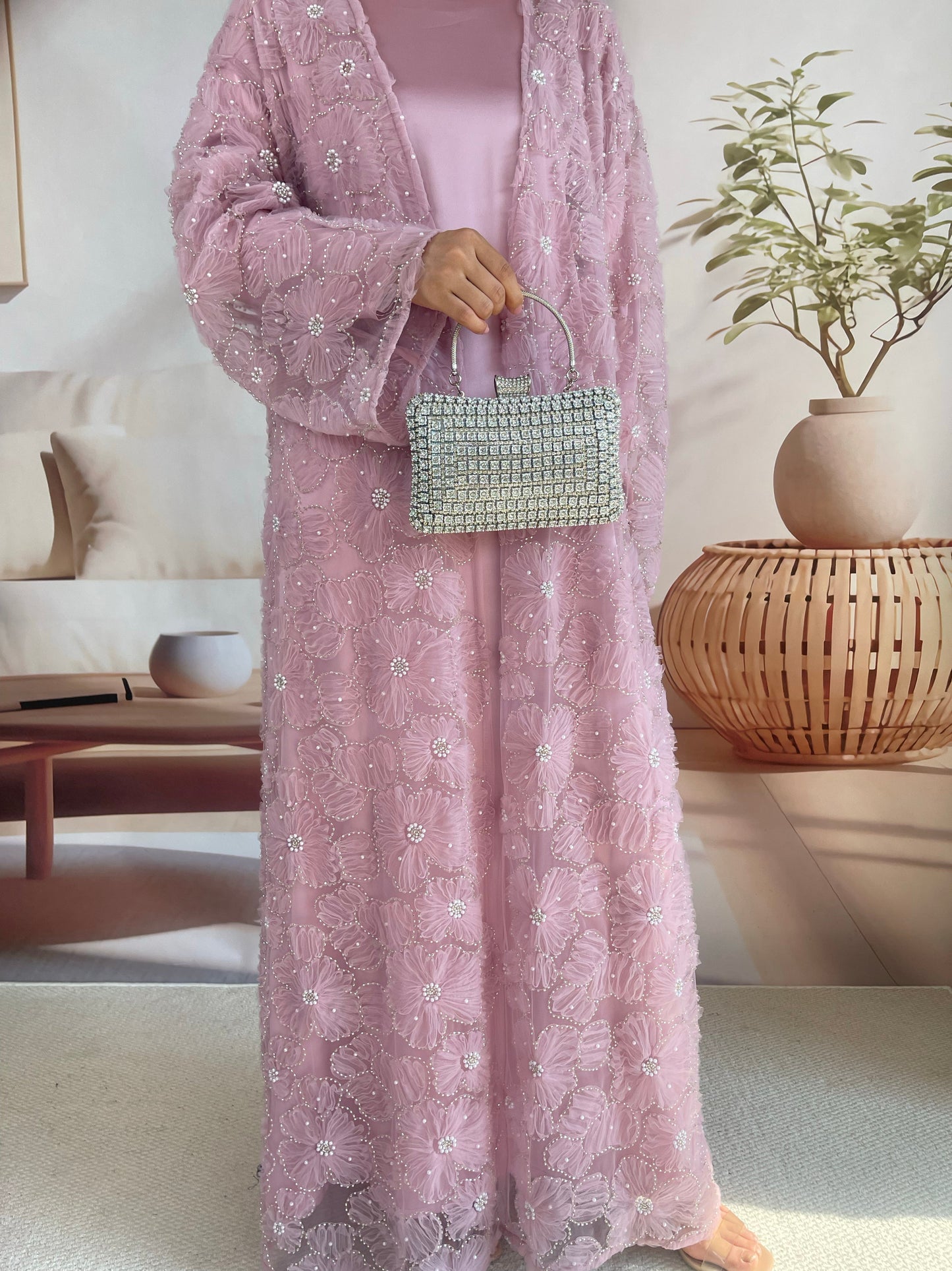 Wholesale Mesh Flower Bead Embroidered Open Abaya Set MSL881 - OEM ODM Modest Wear Factory
