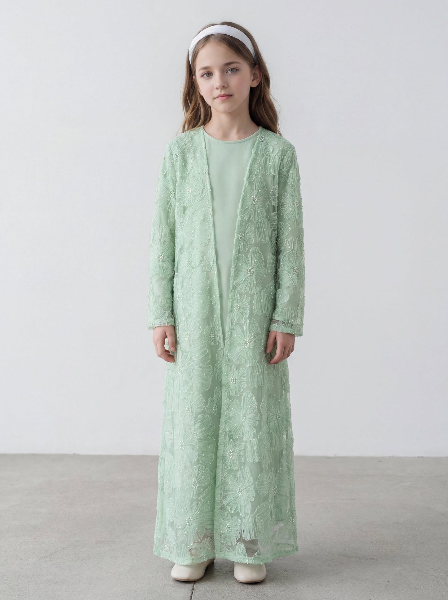 Wholesale Girls Mesh Flower Bead Embroidered Abaya Set MK2653 - OEM ODM Modest Wear Factory