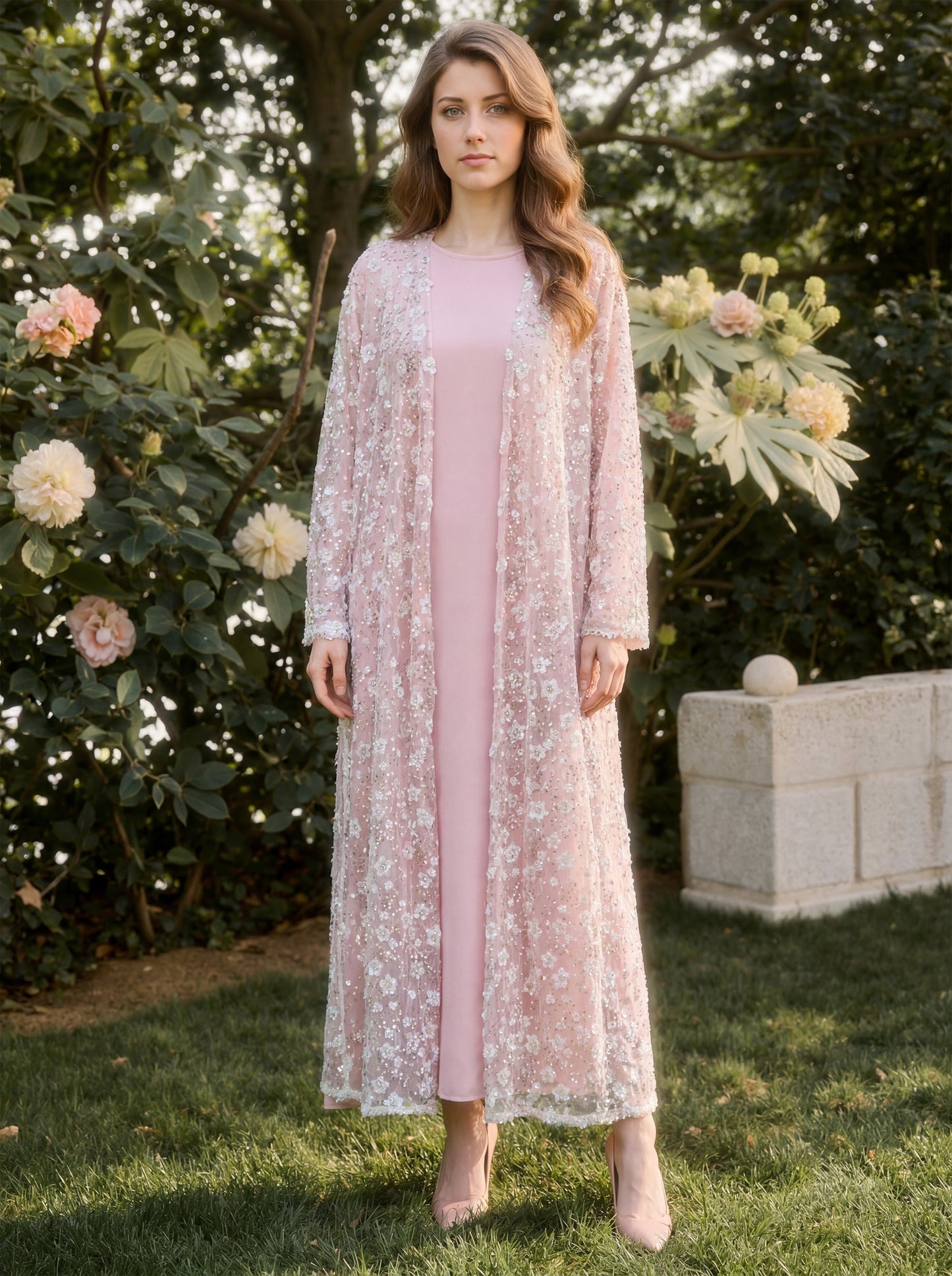 Wholesale Double Layer Beaded Sequined Flower Open Abaya Set MK2666 - OEM ODM Modest Wear Factory