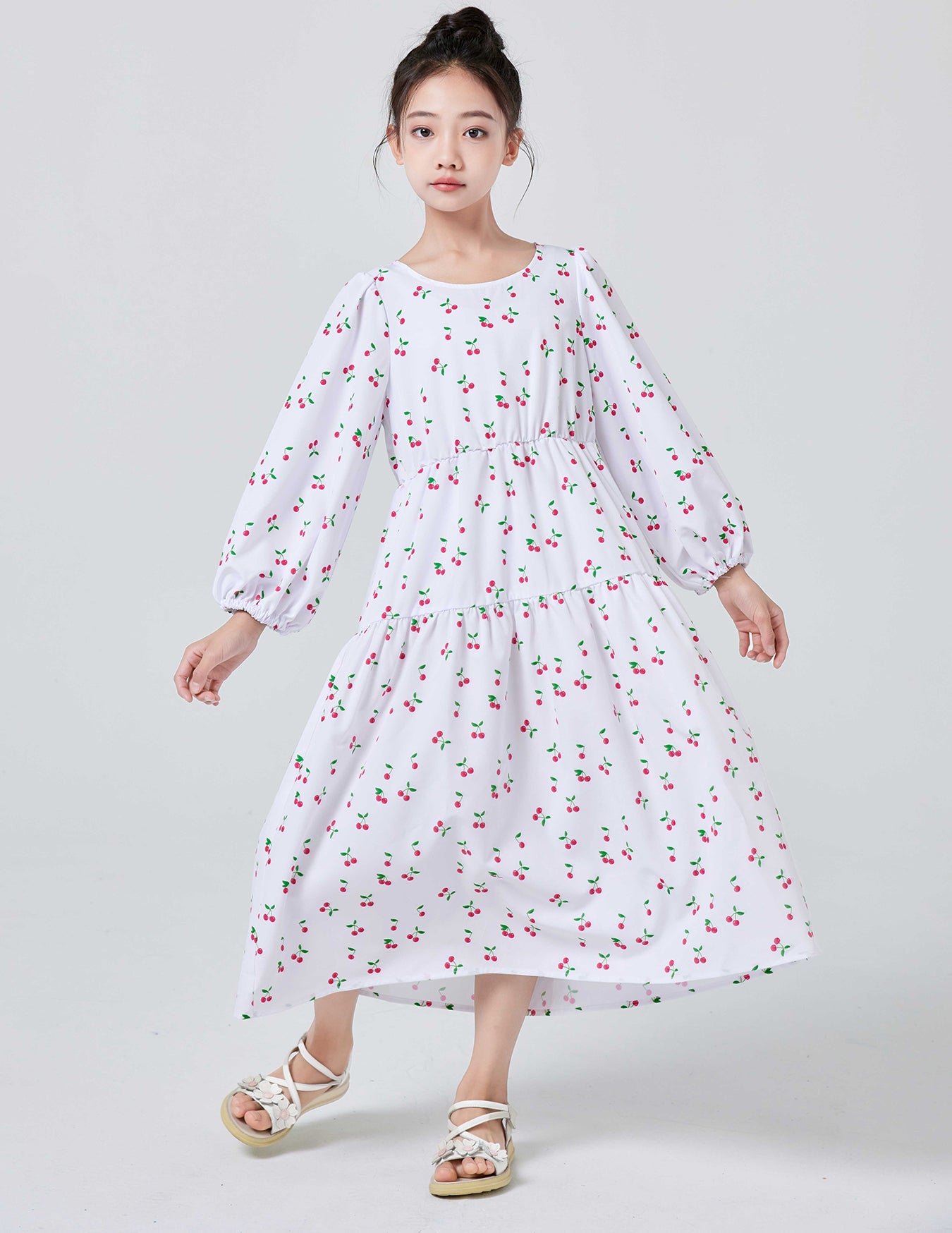 Ramadan Girls Loose & Casual Long Sleeve Allover Cherries Pattern Dress For Spring & Fall Daily Wear Pringbud Abaya Pringbud A MSL196