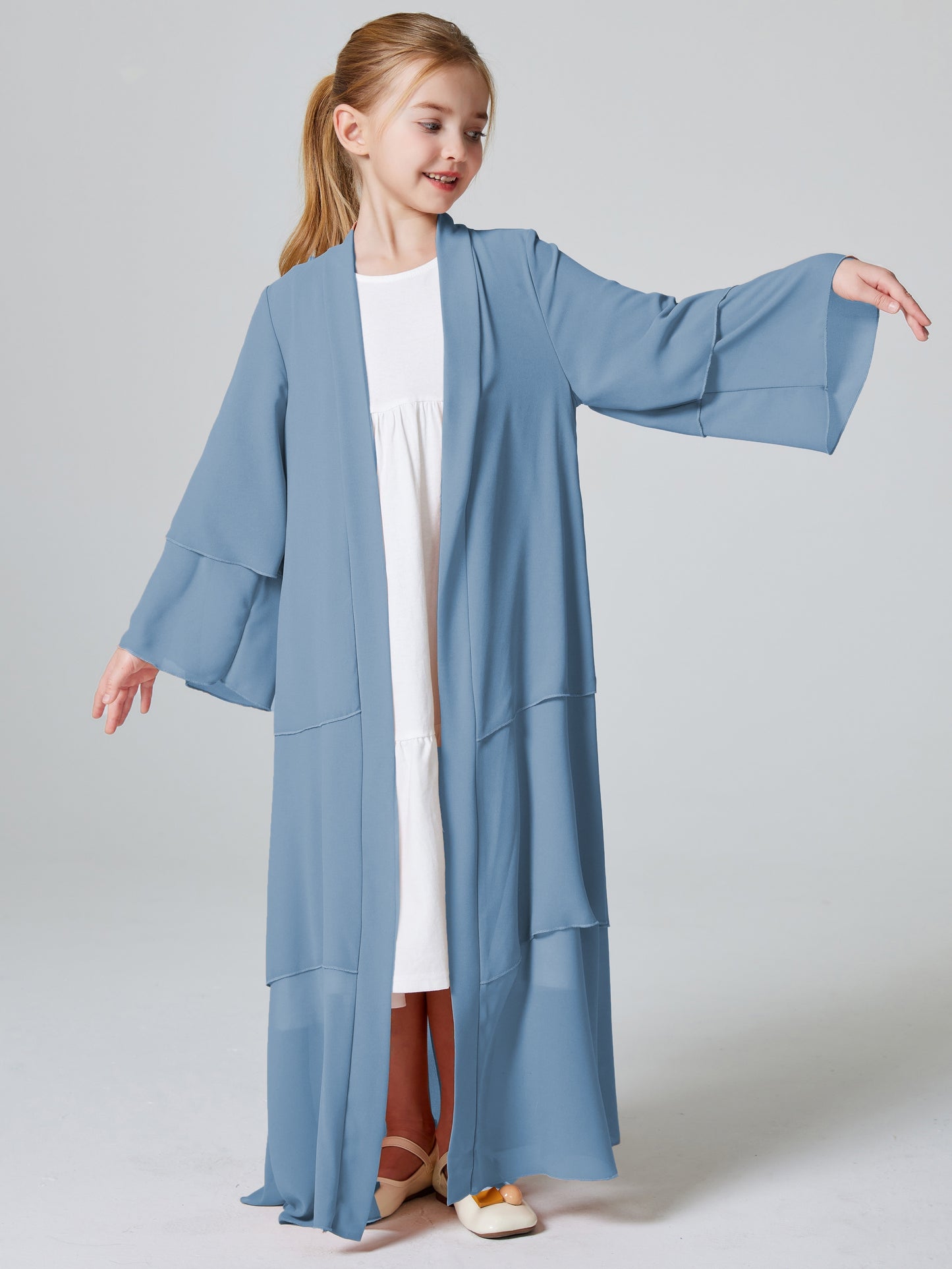 Ramadan Muslim Girls 3 Layered Chiffon Kids Abaya Dress Open Front Abaya Kebaya Outerwear (Without Hijab) MSL132