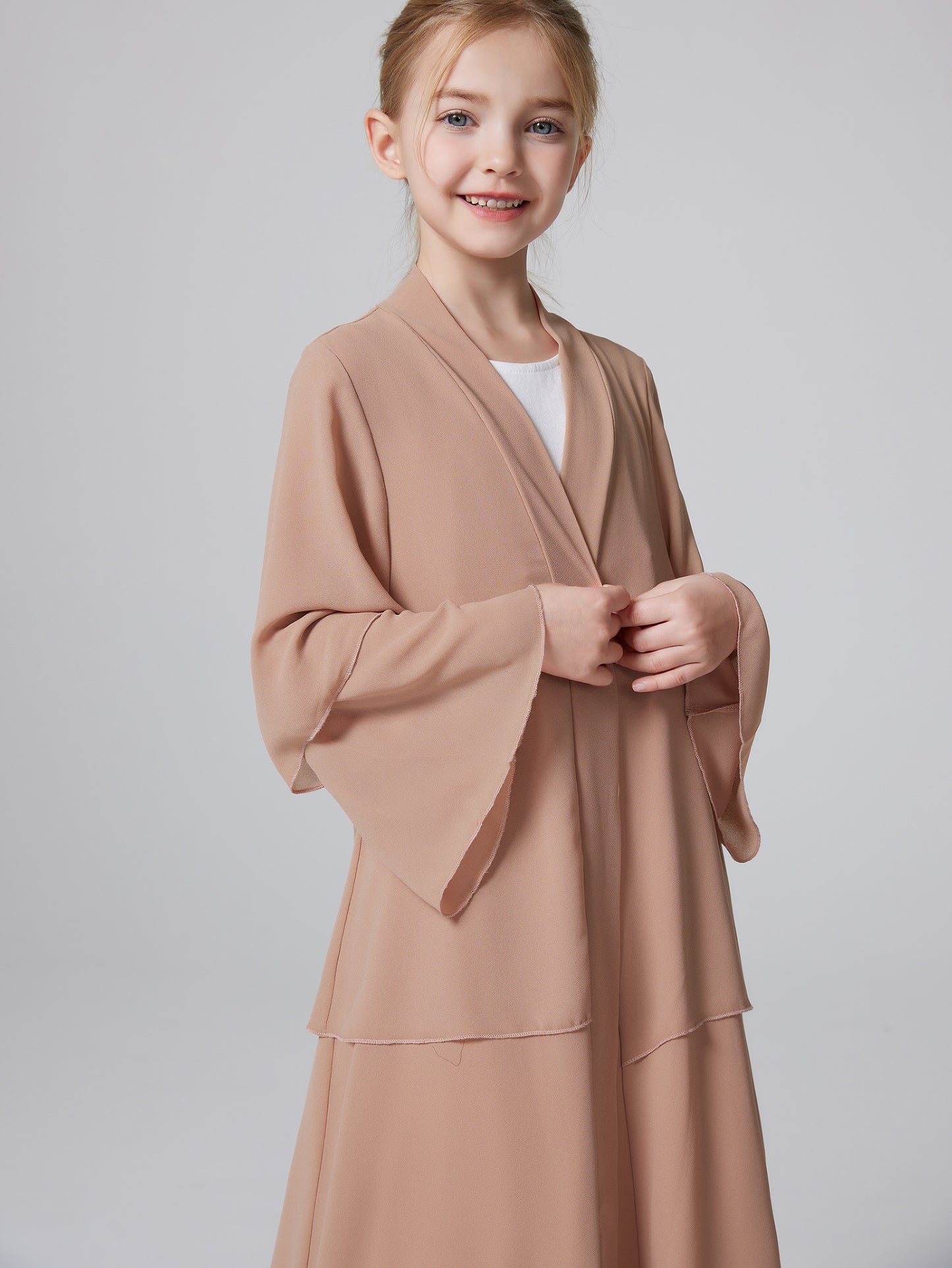 Ramadan Muslim Girls 3 Layered Chiffon Kids Abaya Dress Open Front Abaya Kebaya Outerwear (Without Hijab) MSL132