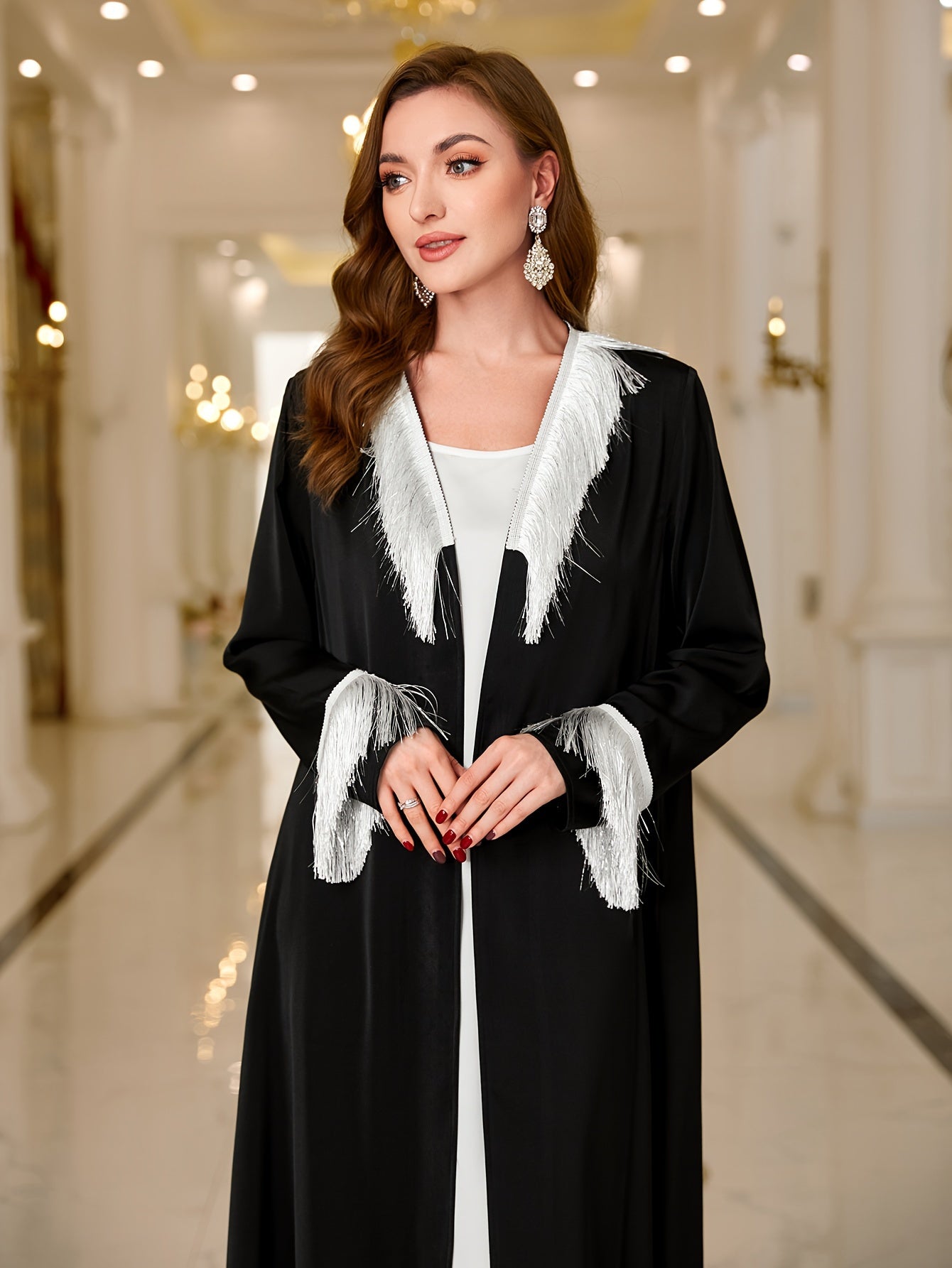 Ramadan Contrast Trim Fringe Hem Abayas, Elegant Long Sleeve Open Front Cover Up Outwear, Abaya Dubai Luxury Women's Clothing MSL104