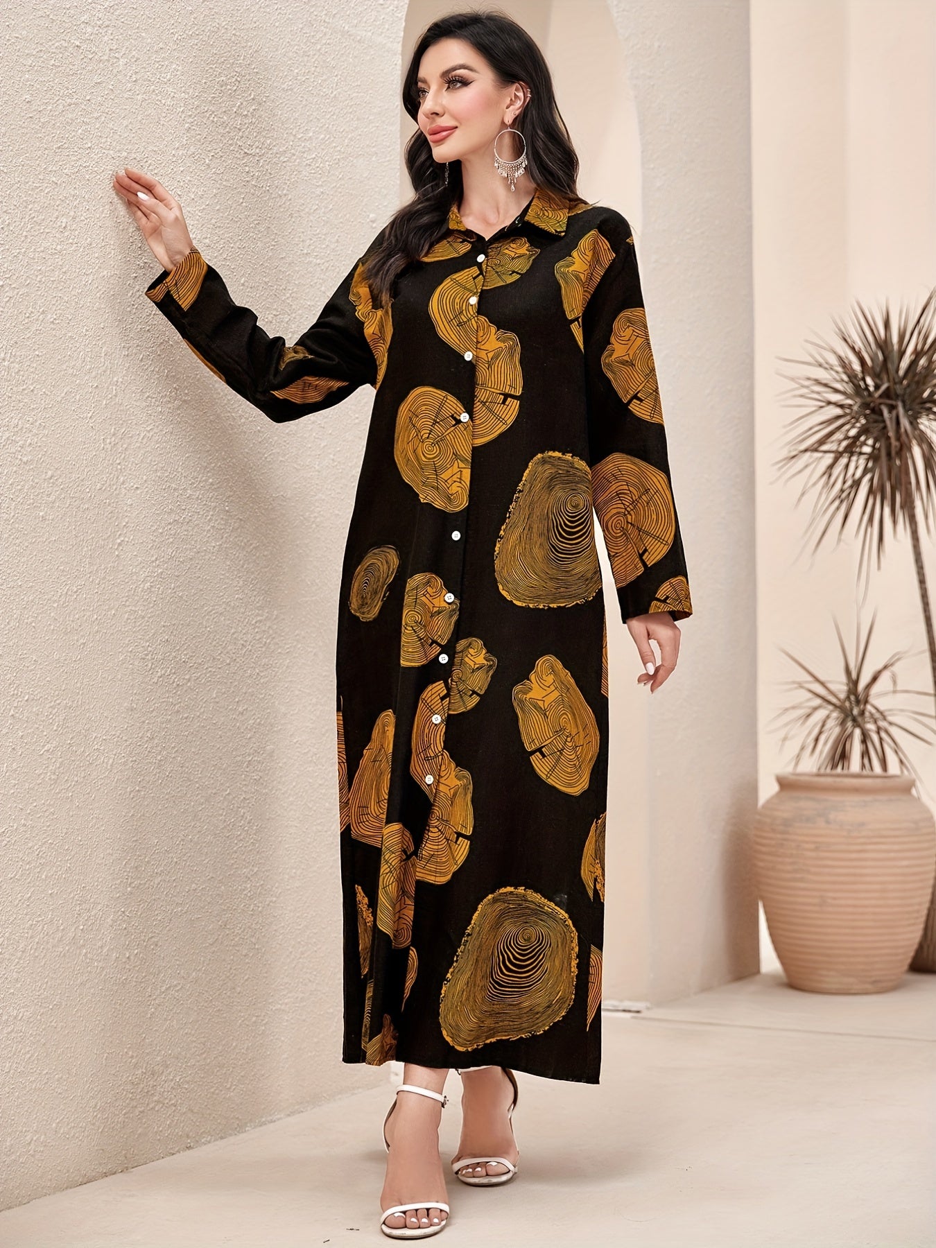 baju raya Graphic Print Button Front baju kurung Kaftan Dress, Elegant Long Sleeve Maxi Length Dress, Women's Clothing MSL51