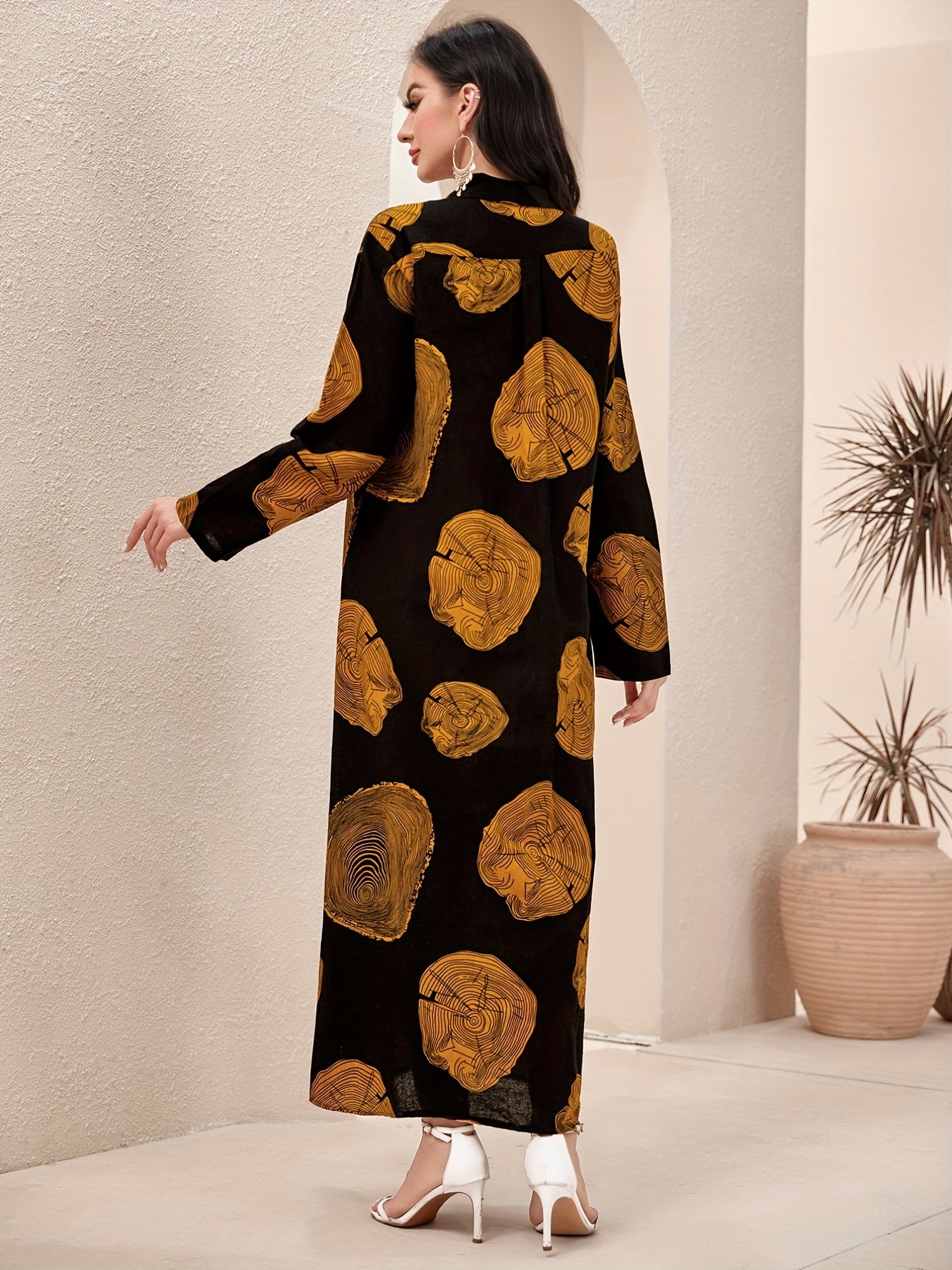 baju raya Graphic Print Button Front baju kurung Kaftan Dress, Elegant Long Sleeve Maxi Length Dress, Women's Clothing MSL51