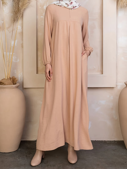 Ramadan Muslim Solid Long Sleeve Abaya Kaftan, Elegant Maxi Length Dress, Islam Dubai Kebaya, Women's Clothing MSL154