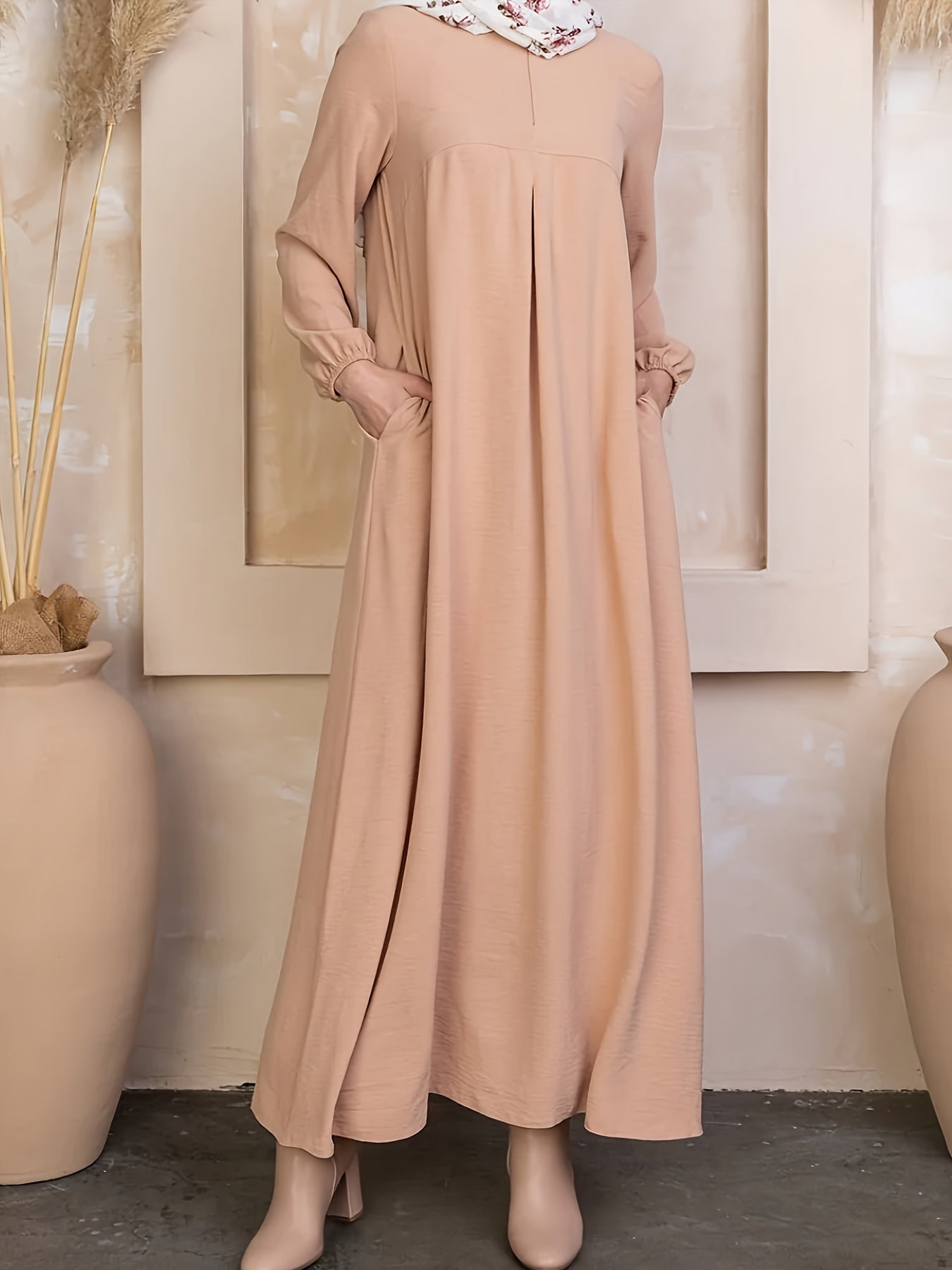 Ramadan Muslim Solid Long Sleeve Abaya Kaftan, Elegant Maxi Length Dress, Islam Dubai Kebaya, Women's Clothing MSL154