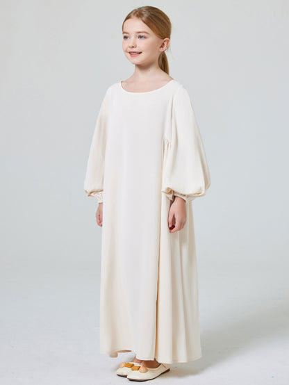 Ramadan Abaya Muslim Elegant Girl's Solid Crew Neck Long Sleeve Kaftan Dress For Pray Party MSL195