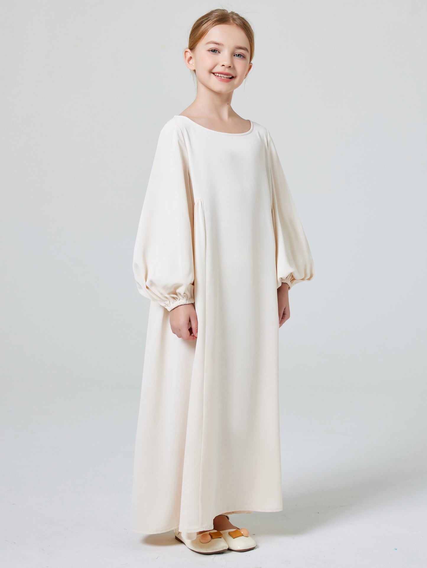 Ramadan Abaya Muslim Elegant Girl's Solid Crew Neck Long Sleeve Kaftan Dress For Pray Party MSL195