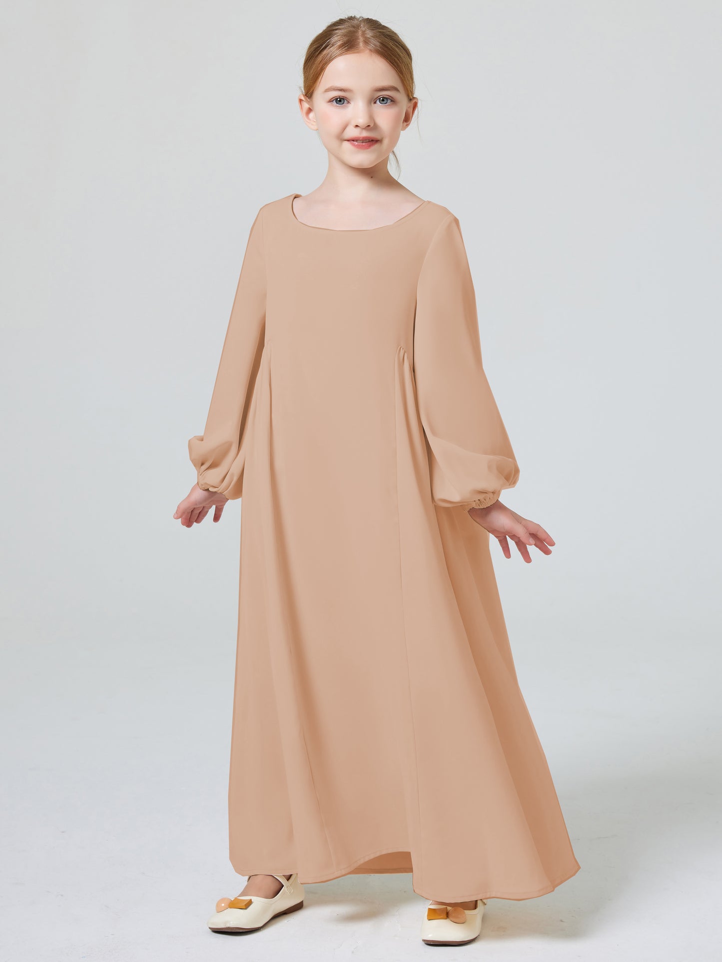 Ramadan Abaya Muslim Elegant Girl's Solid Crew Neck Long Sleeve Kaftan Dress For Pray Party MSL195