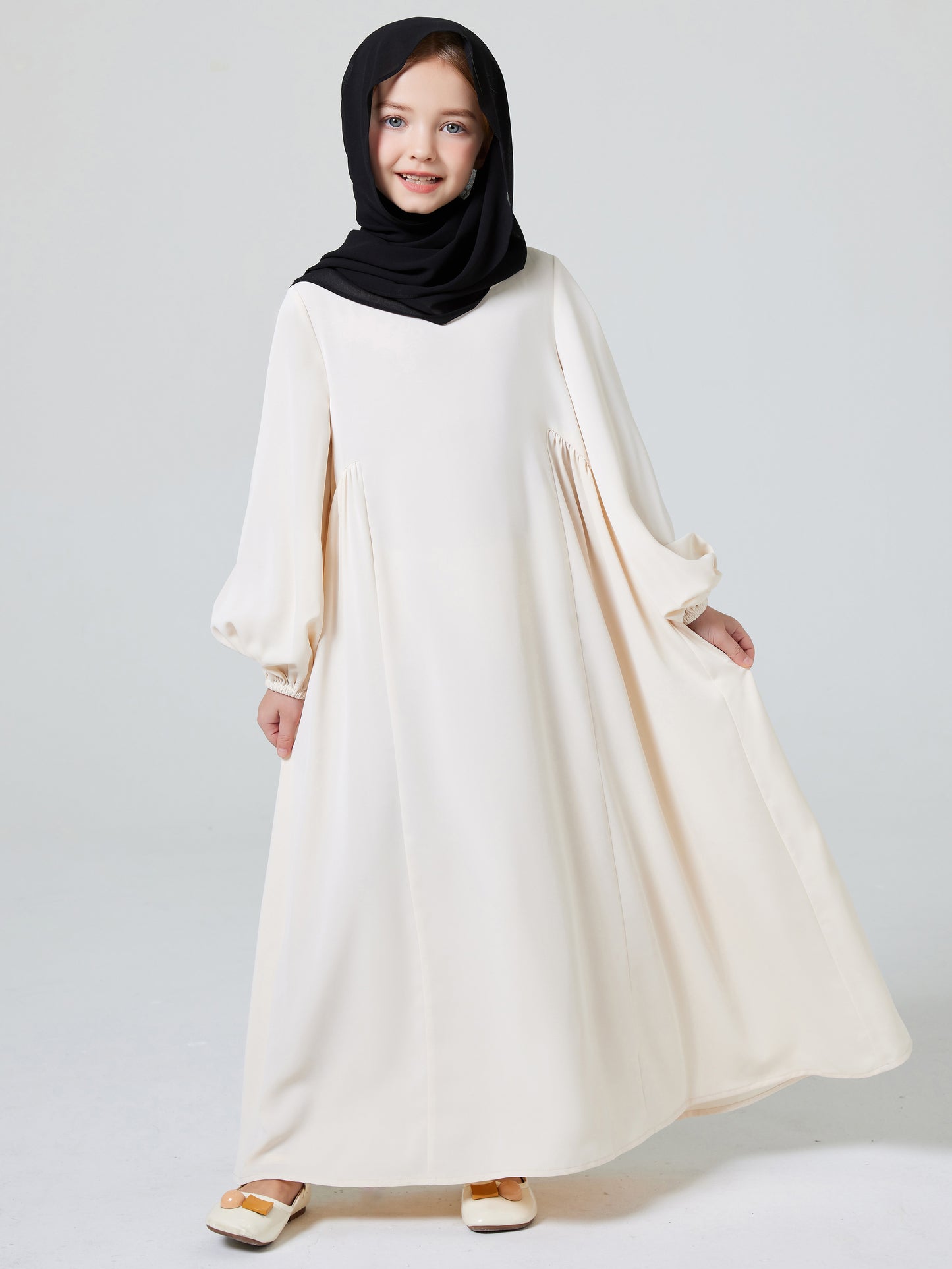 Ramadan Abaya Muslim Elegant Girl's Solid Crew Neck Long Sleeve Kaftan Dress For Pray Party MSL195