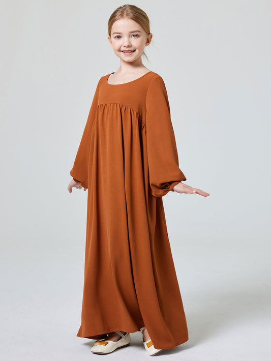 Kids Abaya Ramadan Muslim Dubai Elegant Girl's Solid Crew Neck Long Sleeve Kaftan Kebaya Dress For Party Pray Gift MSL197