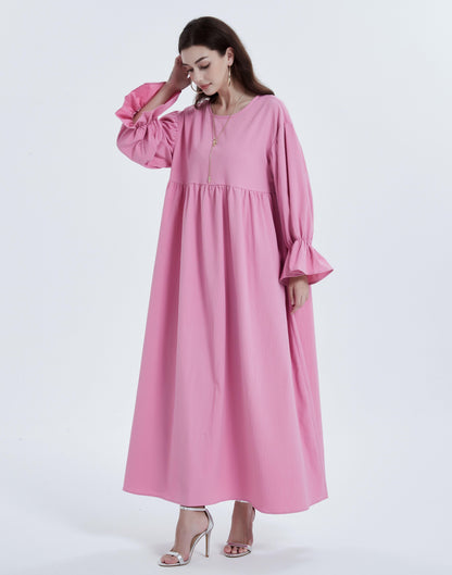 Middle East abaya Muslim women's Maxi dress solid color pleated elegant flared sleeve dress MSL825