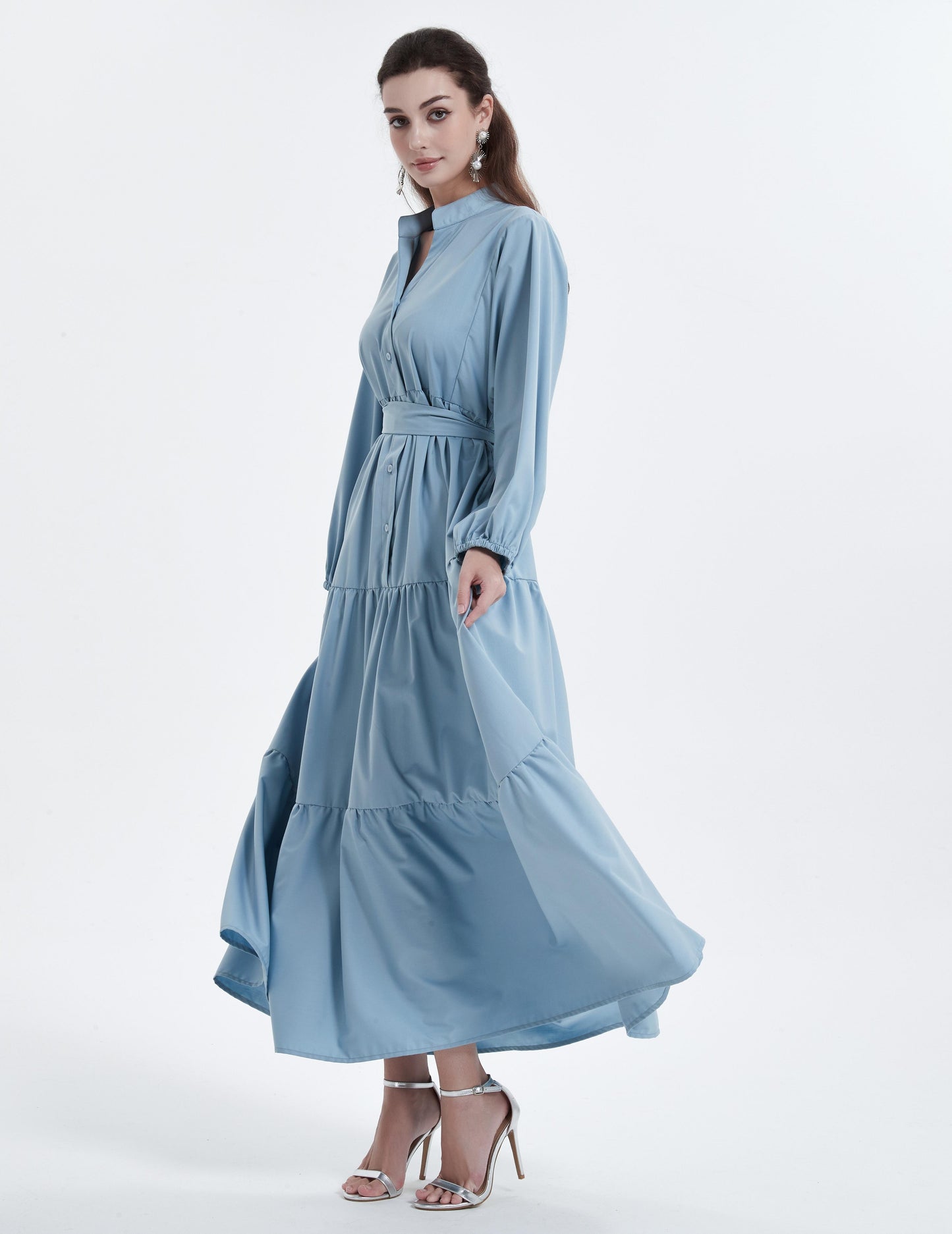 Middle East Muslim women's Maxi dress solid color button-up collar strap slim dress Abaya GBR03