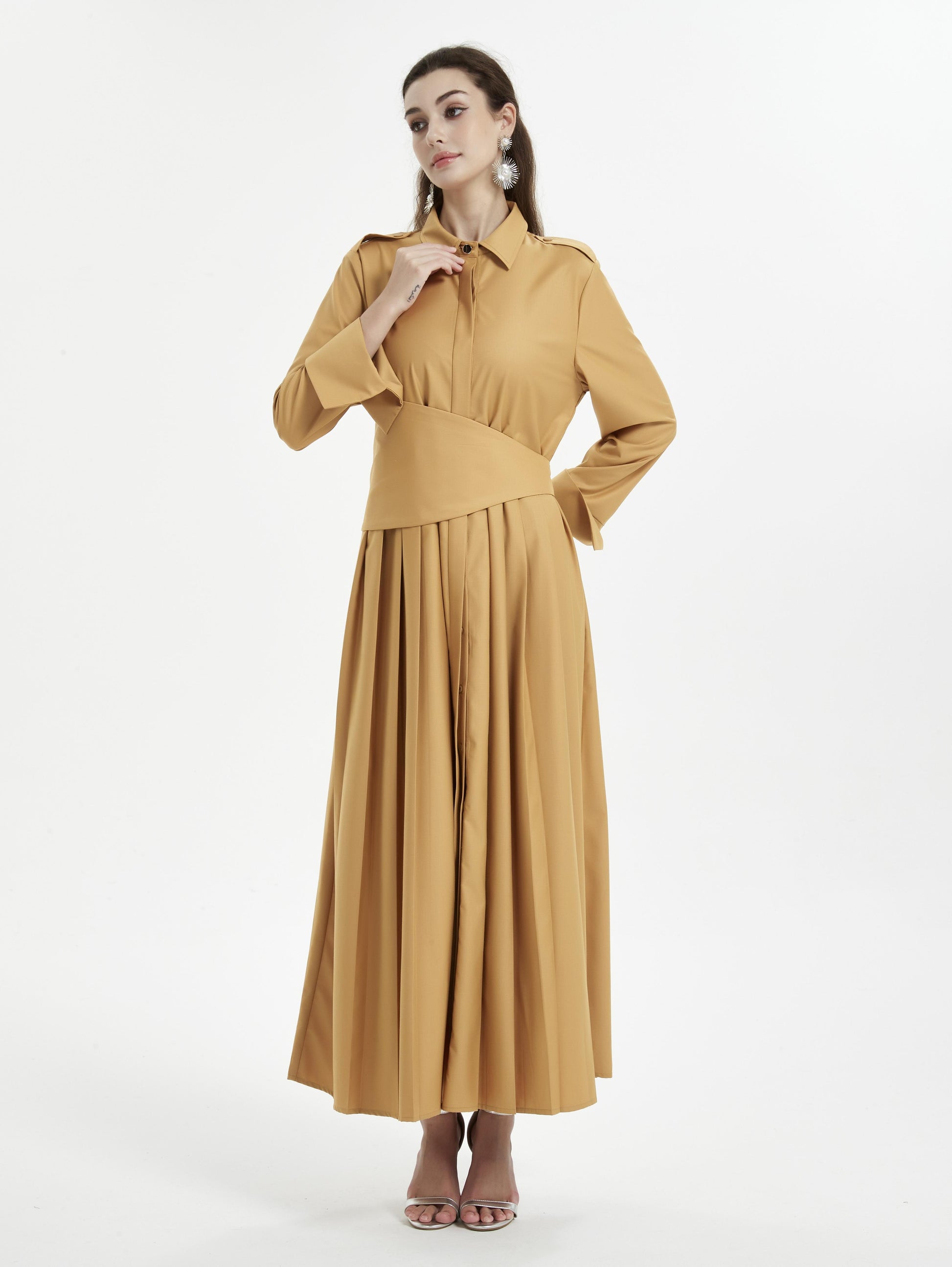 muslim midi dress Women's Muslim Modest Dress Dots Print Full Sleeve Belted Long Dress Ruffle Tiered Ankle Length Islamic Dress