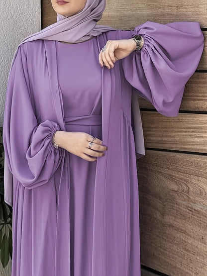 Abaya Ramadan Elegant Solid Two-piece Set Dress, Open Front Coverup & Tie Waist Abayas Outfits, Islam Women's Clothing Kaftan MSL39