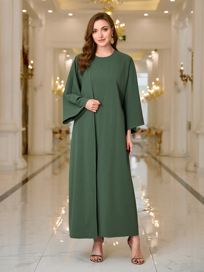 Abaya Ramadan Elegant Solid Color Kaftan Dress Set, Bell Sleeve Open Front Cardigan & Crew Neck Ankle Tank Dress Dress Outfits MSL126