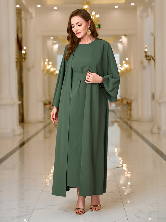 Abaya Ramadan Elegant Solid Color Kaftan Dress Set, Bell Sleeve Open Front Cardigan & Crew Neck Ankle Tank Dress Dress Outfits MSL126