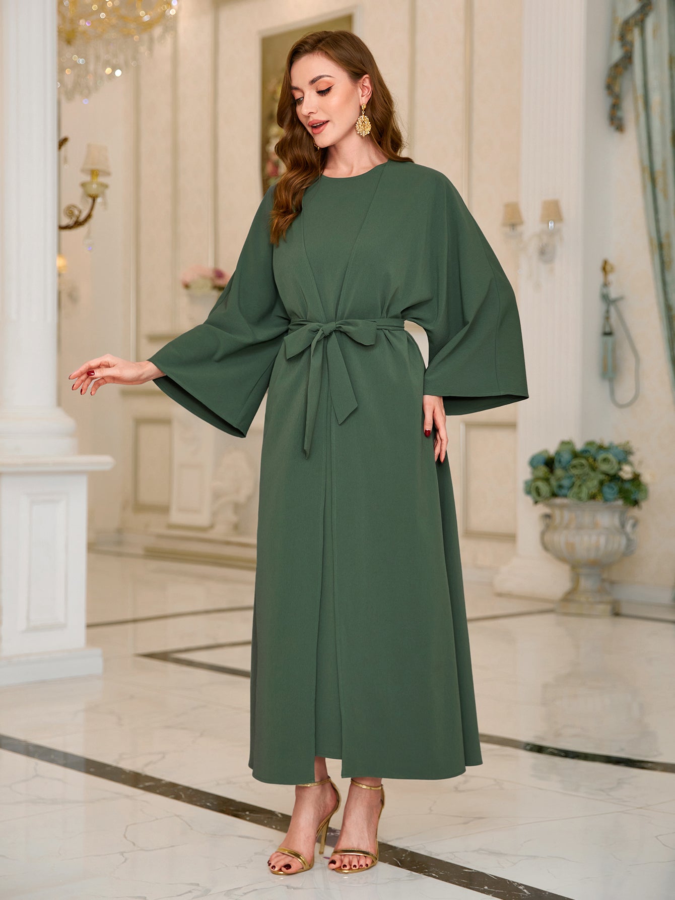 Abaya Ramadan Elegant Solid Color Kaftan Dress Set, Bell Sleeve Open Front Cardigan & Crew Neck Ankle Tank Dress Dress Outfits MSL126