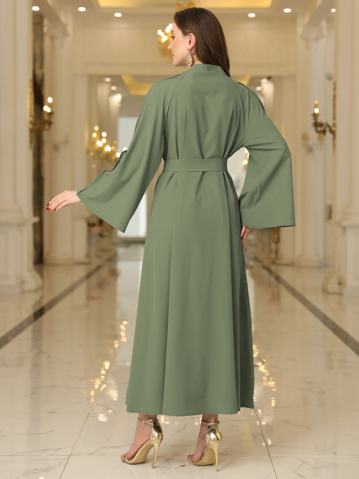 Elegant Ramadan Kaftan Dress with Flare Sleeves and Belted V-Neck - Women's Maxi Length Clothing MSL98