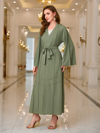 Elegant Ramadan Kaftan Dress with Flare Sleeves and Belted V-Neck - Women's Maxi Length Clothing MSL98