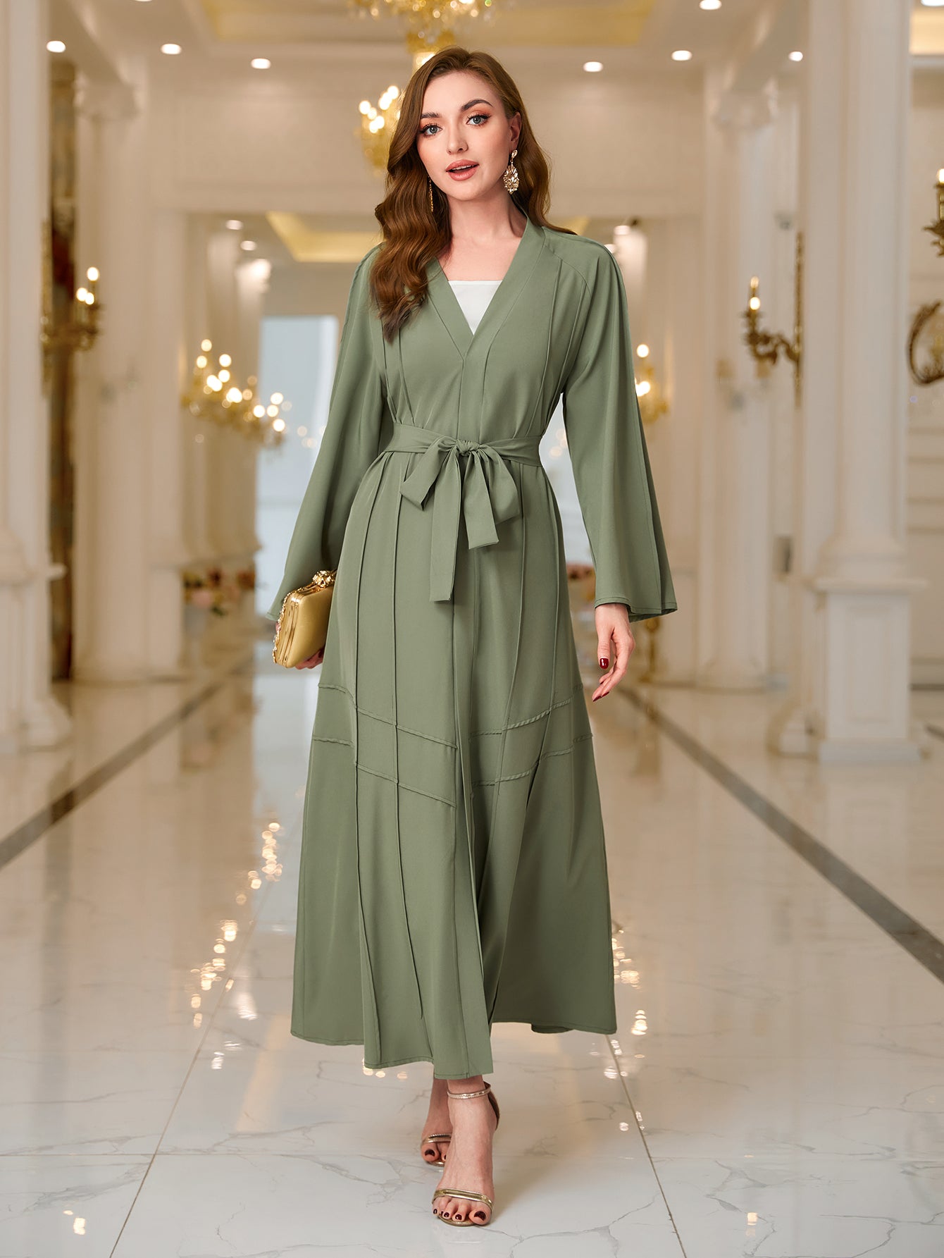 Elegant Ramadan Kaftan Dress with Flare Sleeves and Belted V-Neck - Women's Maxi Length Clothing MSL98