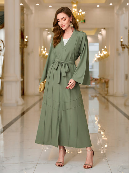 Elegant Ramadan Kaftan Dress with Flare Sleeves and Belted V-Neck - Women's Maxi Length Clothing MSL98