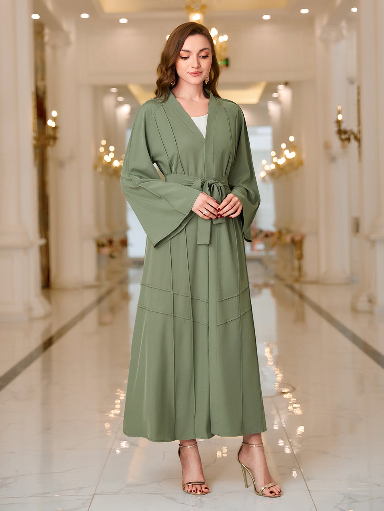 Elegant Ramadan Kaftan Dress with Flare Sleeves and Belted V-Neck - Women's Maxi Length Clothing MSL98