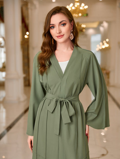 Elegant Ramadan Kaftan Dress with Flare Sleeves and Belted V-Neck - Women's Maxi Length Clothing MSL98