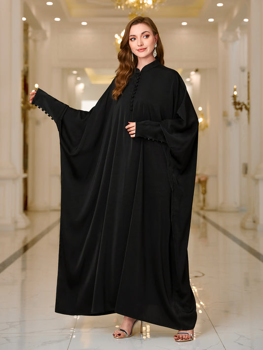 Ramadan Abaya Button Front Batwing Sleeve Modest Dress, Elegant Loose Solid Color Cloak Maxi Outwear Kaftan, Women's Clothing MSL125