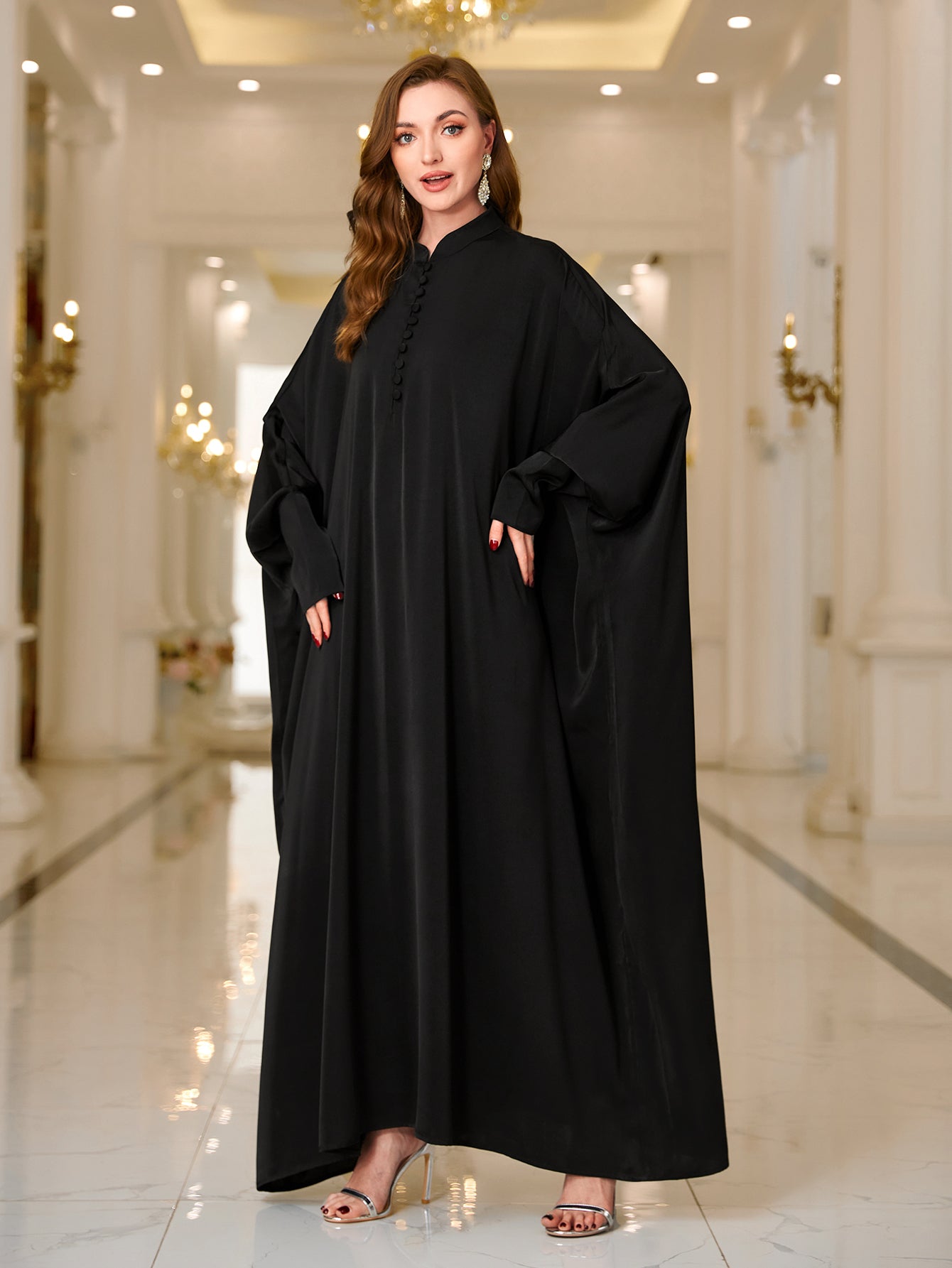 Ramadan Abaya Button Front Batwing Sleeve Modest Dress, Elegant Loose Solid Color Cloak Maxi Outwear Kaftan, Women's Clothing MSL125