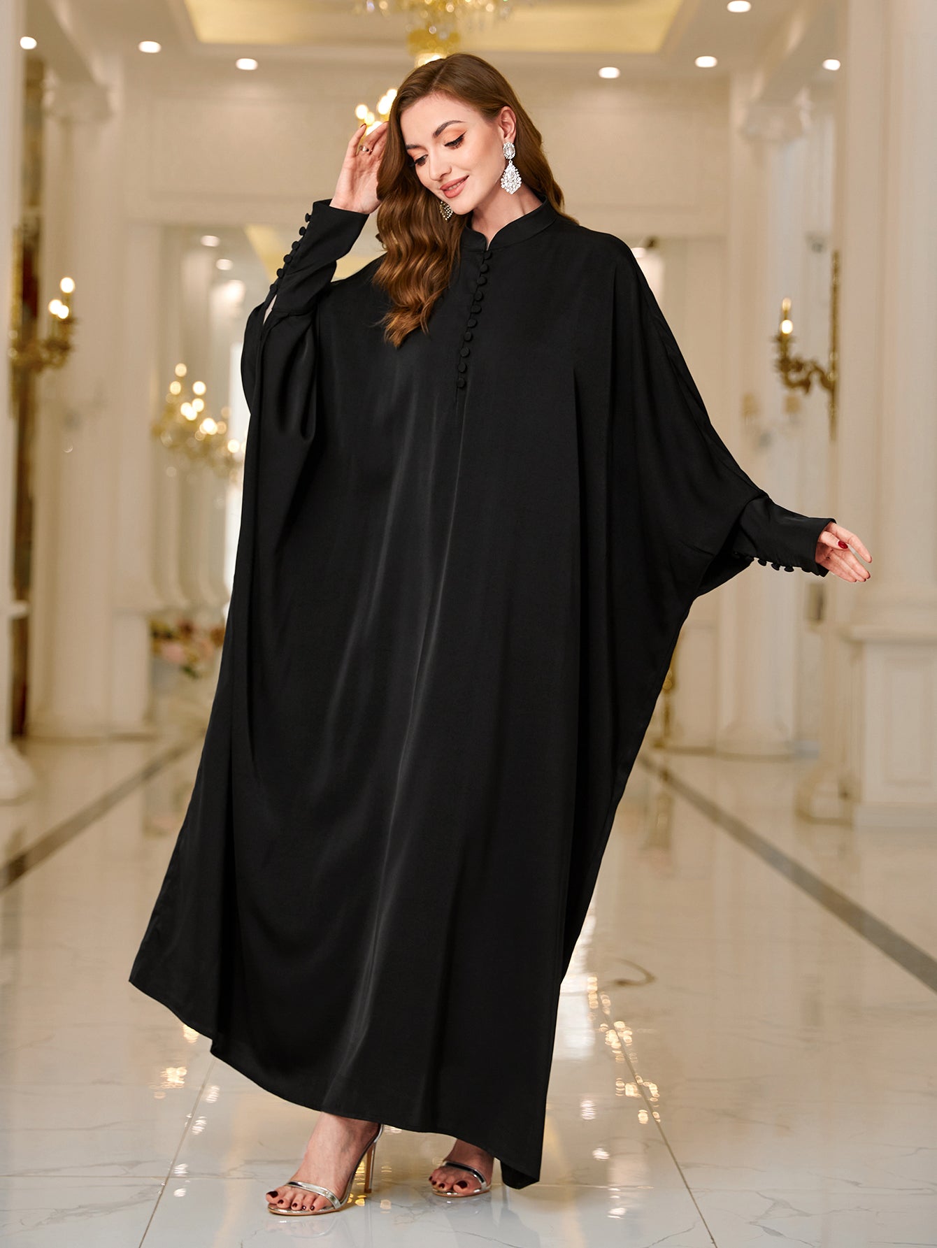 Ramadan Abaya Button Front Batwing Sleeve Modest Dress, Elegant Loose Solid Color Cloak Maxi Outwear Kaftan, Women's Clothing MSL125