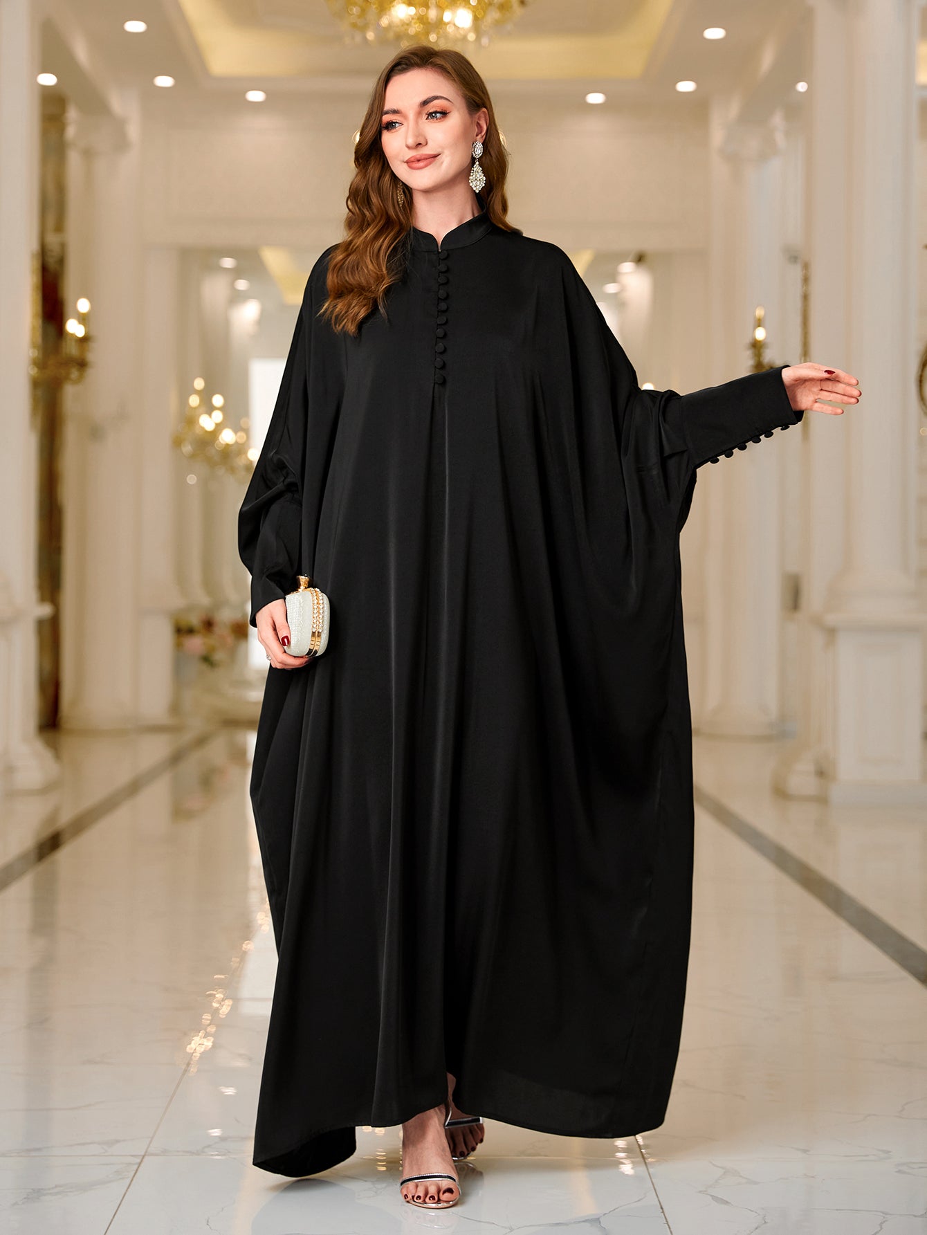 Ramadan Abaya Button Front Batwing Sleeve Modest Dress, Elegant Loose Solid Color Cloak Maxi Outwear Kaftan, Women's Clothing MSL125