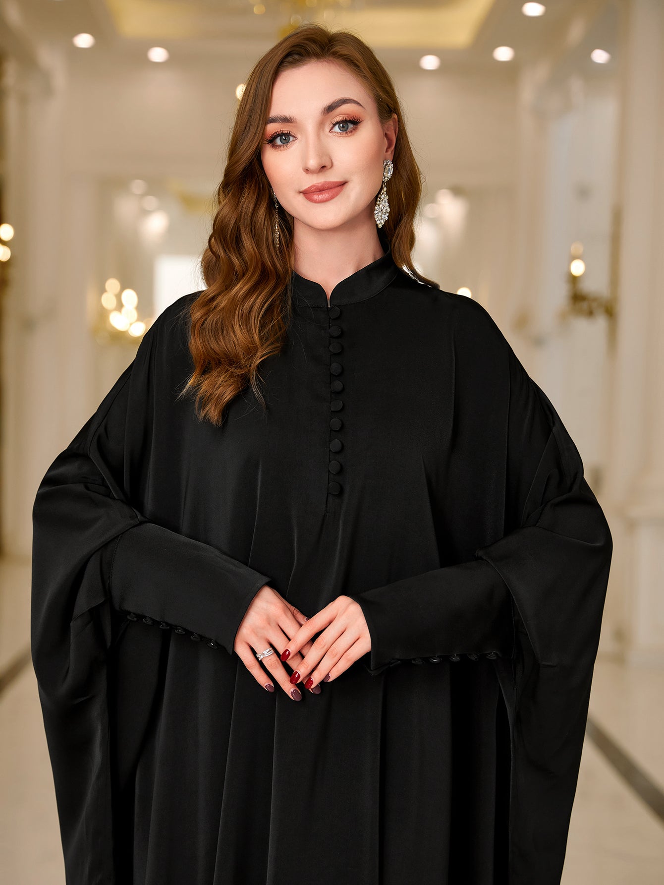 Ramadan Abaya Button Front Batwing Sleeve Modest Dress, Elegant Loose Solid Color Cloak Maxi Outwear Kaftan, Women's Clothing MSL125