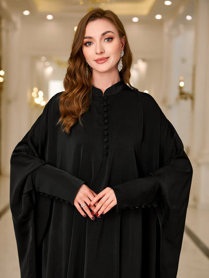 Ramadan Abaya Button Front Batwing Sleeve Modest Dress, Elegant Loose Solid Color Cloak Maxi Outwear Kaftan, Women's Clothing MSL125