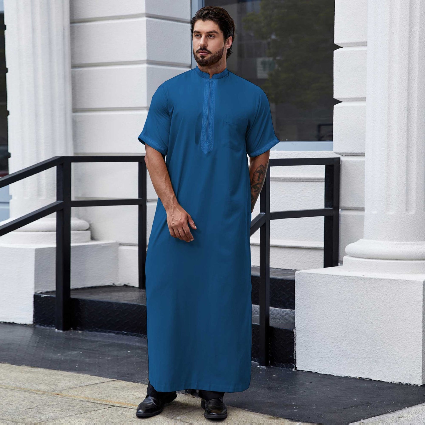 Ramadan Men's Muslim Robe Shirt With Vertical Stripes And Pocket - Islam Thobe Abaya Perfect For Casual And Formal Occasions 181-20