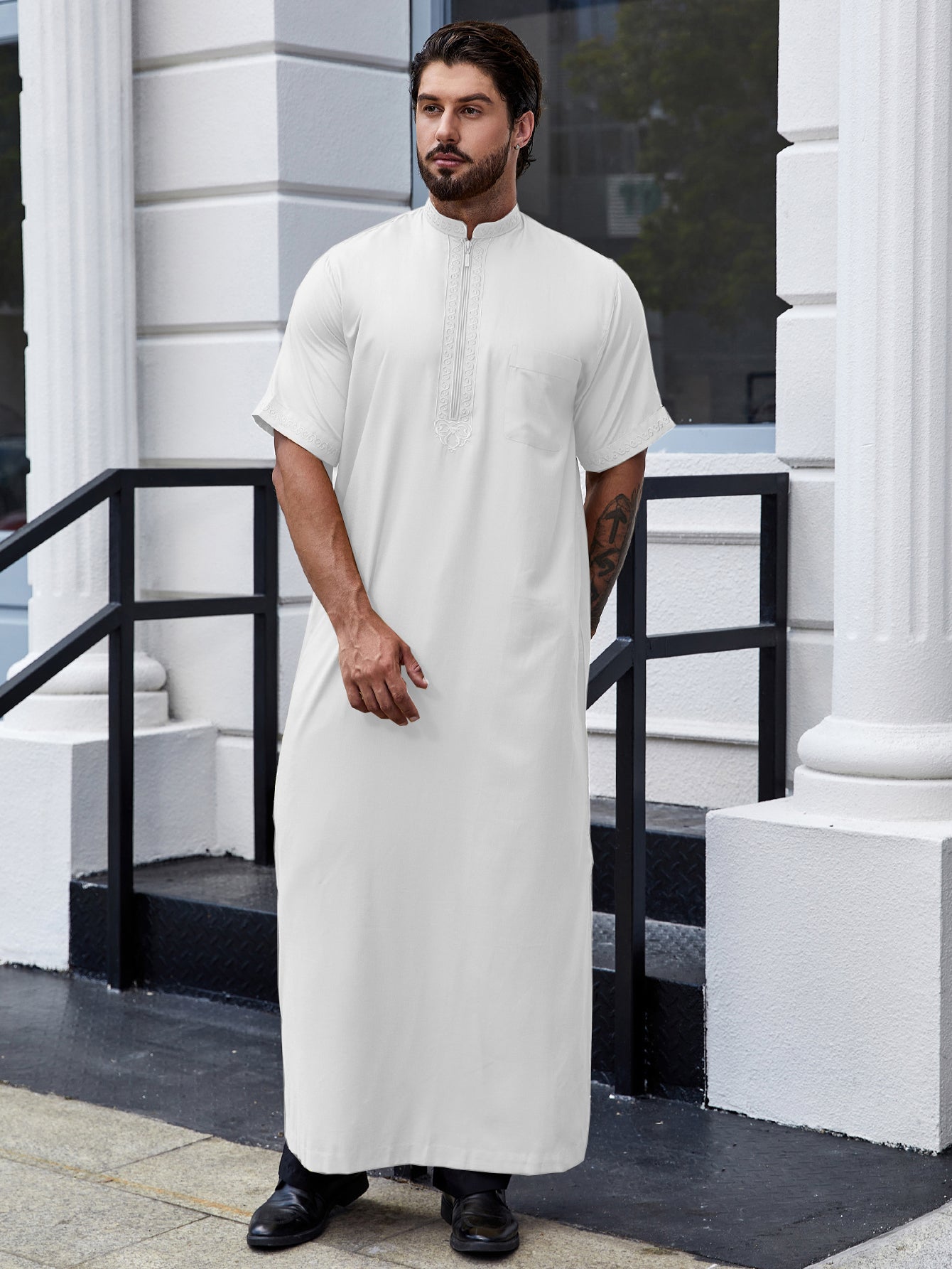 Ramadan Men's Muslim Robe Shirt With Vertical Stripes And Pocket - Islam Thobe Abaya Perfect For Casual And Formal Occasions 181-20