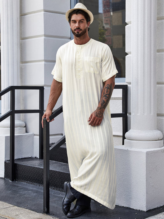 Ramadan Stylish Men's Muslim Robe Shirt With Vertical Stripes And Pocket - Islam Abaya Perfect For Casual And Formal Occasions 181-18