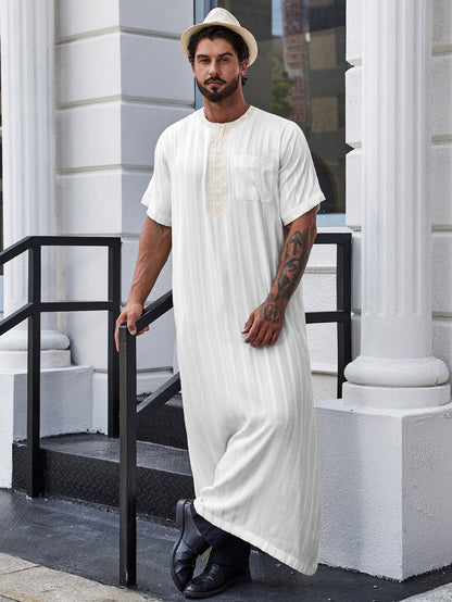 Ramadan Stylish Men's Muslim Robe Shirt With Vertical Stripes And Pocket - Islam Abaya Perfect For Casual And Formal Occasions 181-18