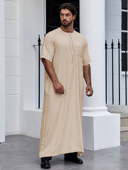 Ramadan Men's Muslim Dresses Long Sleeve Henley Shirts With Pocket Kaftan Islamic Abaya Arabic Long Gown Thobe Robe For Men 170-5