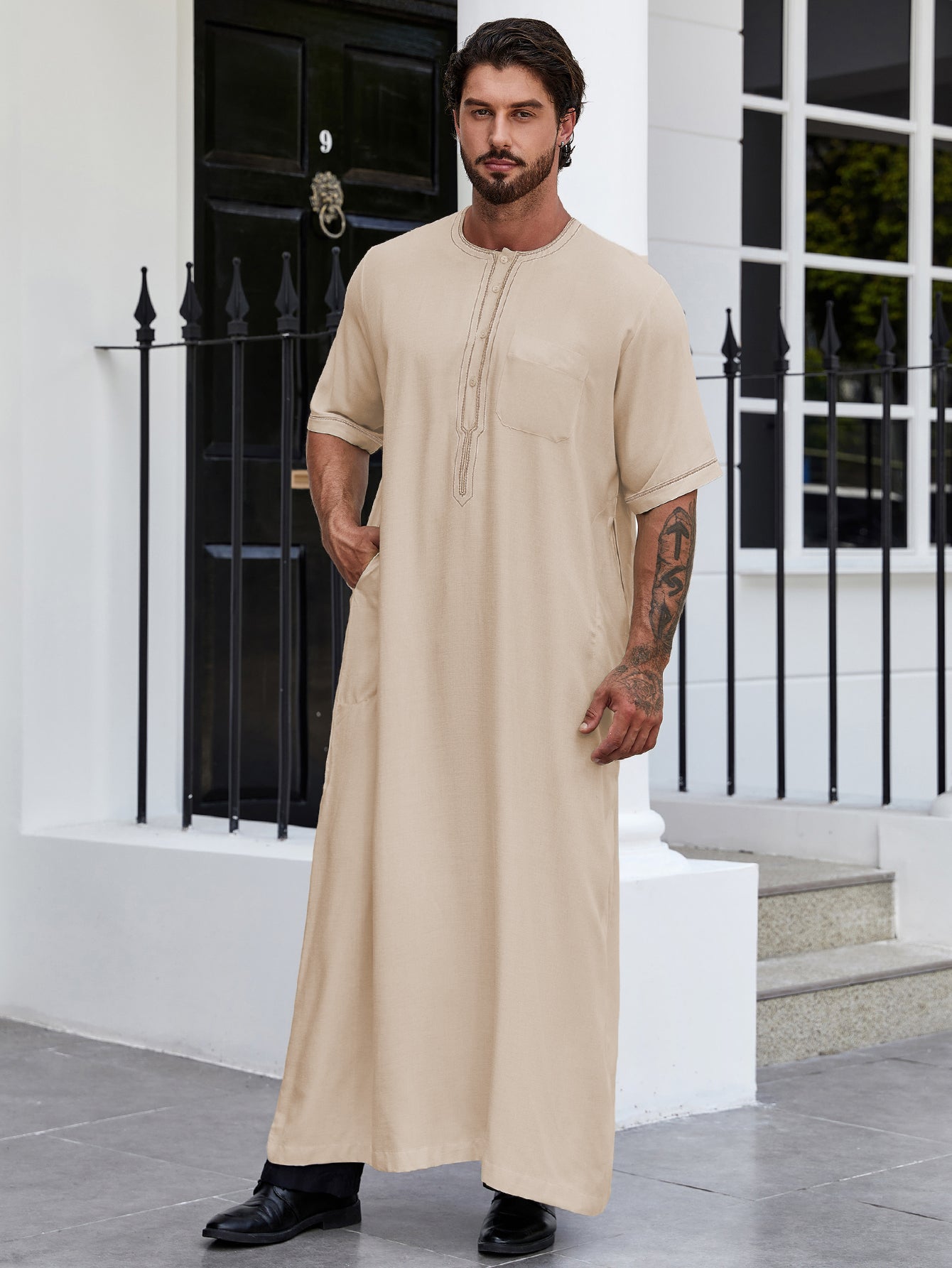Ramadan Men's Muslim Dresses Long Sleeve Henley Shirts With Pocket Kaf PRINGBUD ISLAMIC CLOTHING Ramadan Men's Muslim Dresses Long Sleeve Henley Shirts With Pocket Kaf PRINGBUD ISLAMIC CLOTHING