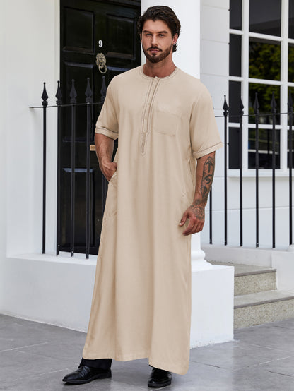 Ramadan Men's Muslim Dresses Long Sleeve Henley Shirts With Pocket Kaftan Islamic Abaya Arabic Long Gown Thobe Robe For Men 170-5