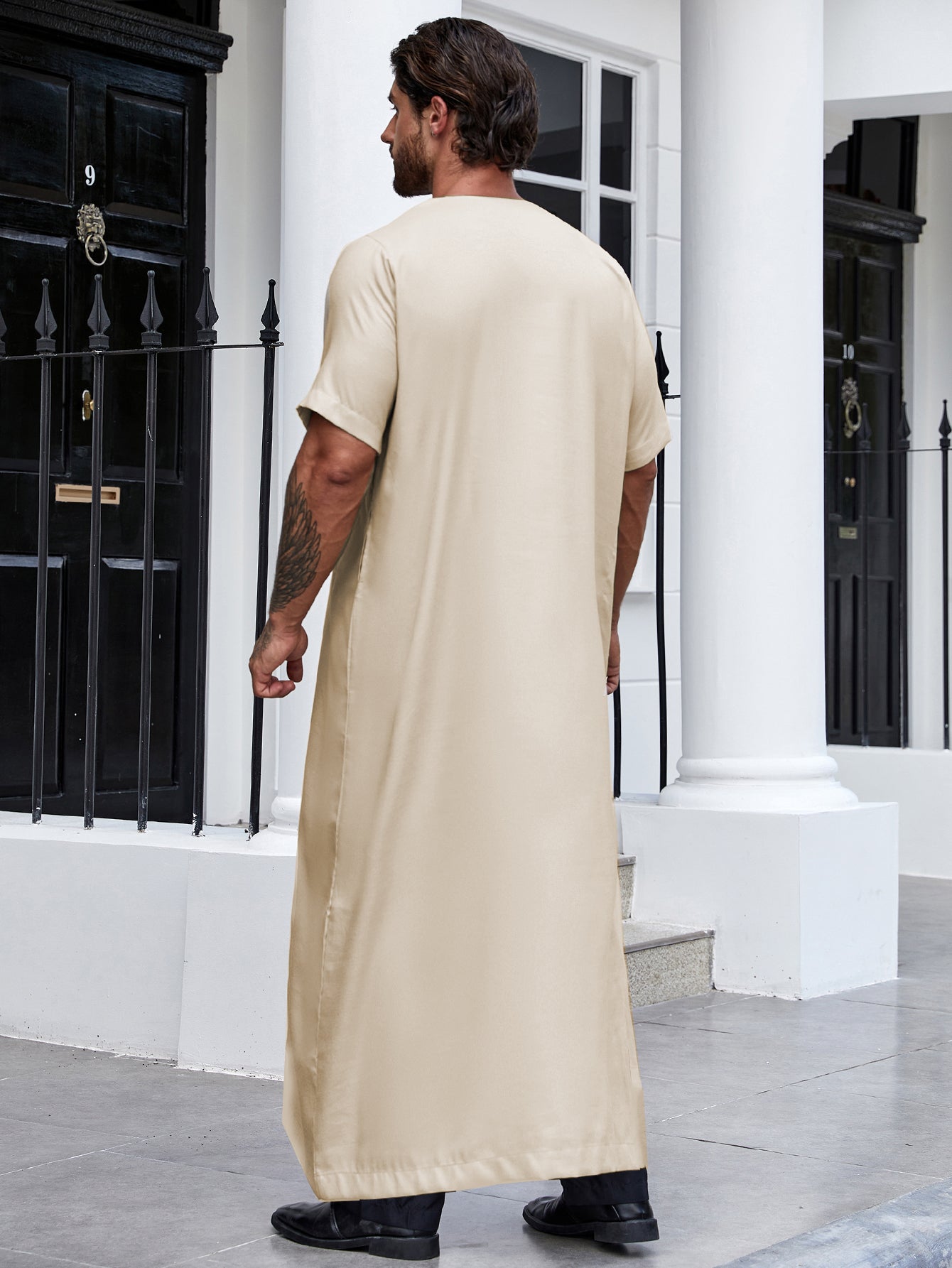 Ramadan Islam Muslim Men Clothing Abaya Embroidered Short Sleeve Robe, Middle Eastern Arab Dubai Style Traditional Shirt Thobe 188-2