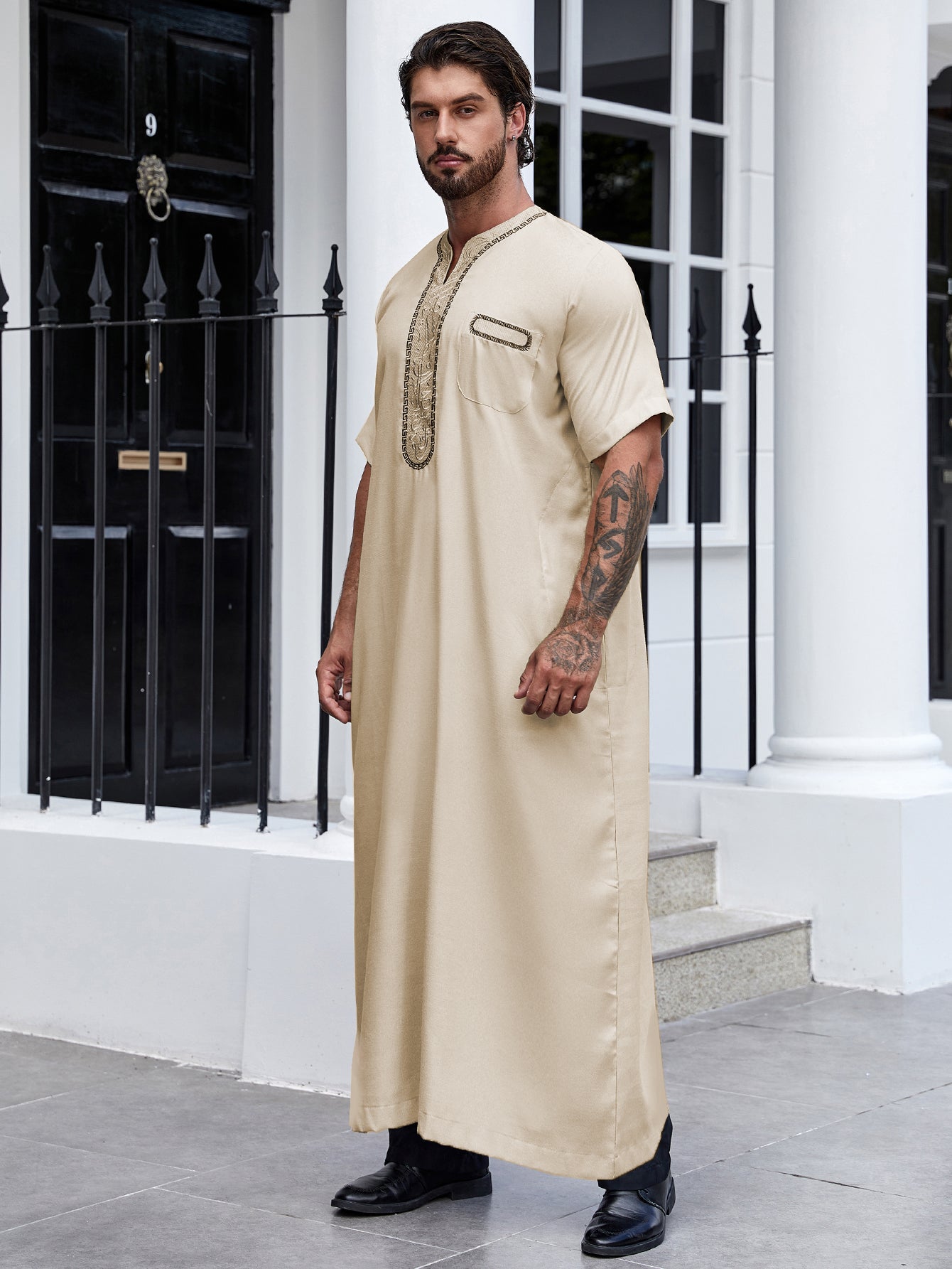 Ramadan Islam Muslim Men Clothing Abaya Embroidered Short Sleeve Robe, Middle Eastern Arab Dubai Style Traditional Shirt Thobe 188-2