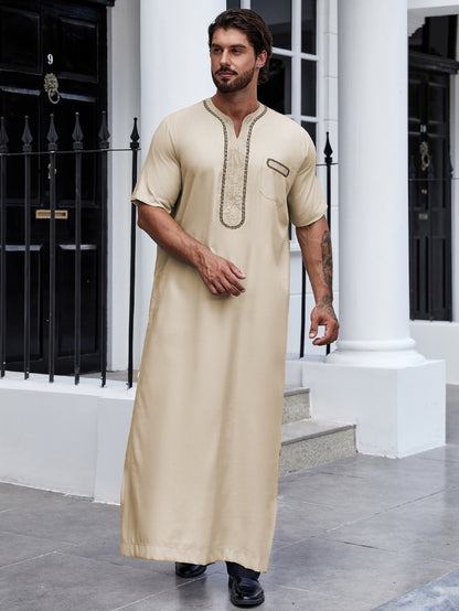 Ramadan Islam Muslim Men Clothing Abaya Embroidered Short Sleeve Robe, Middle Eastern Arab Dubai Style Traditional Shirt Thobe 188-2