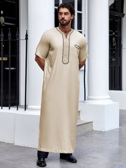 Ramadan Islam Muslim Men Clothing Abaya Embroidered Short Sleeve Robe, Middle Eastern Arab Dubai Style Traditional Shirt Thobe 188-2